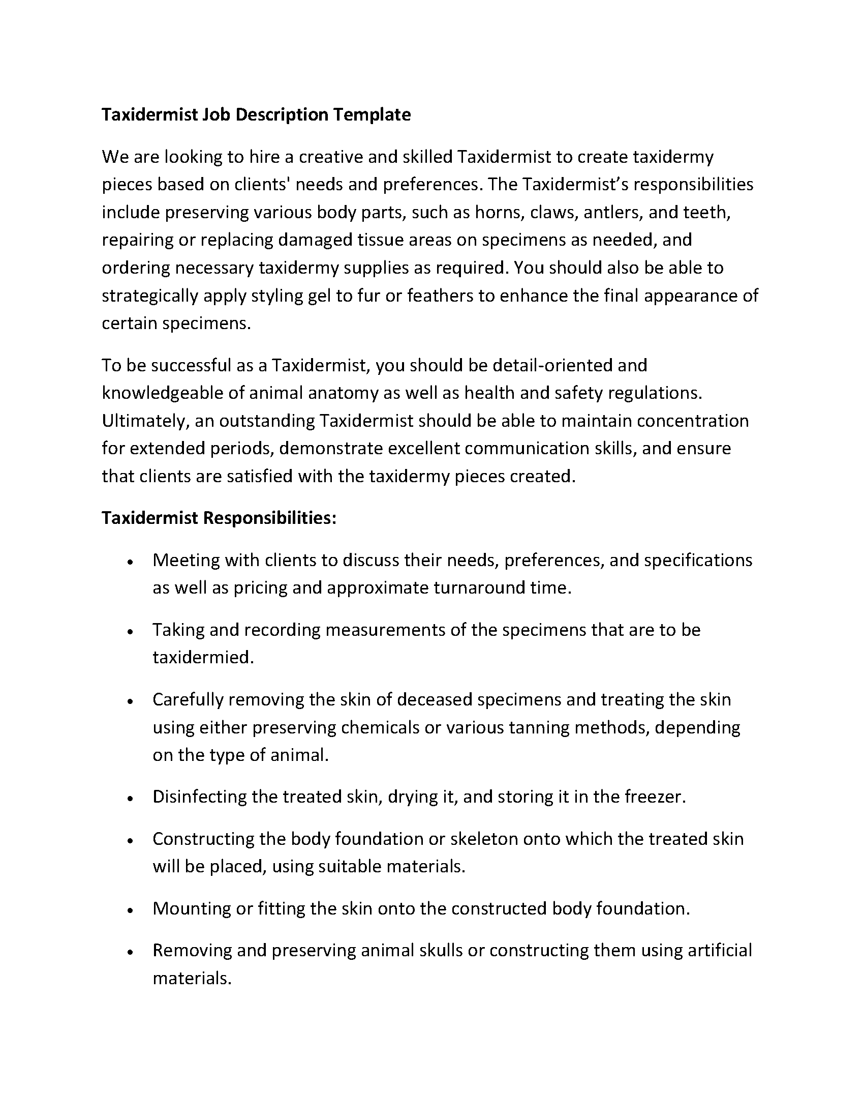 Taxidermist Job Description Template